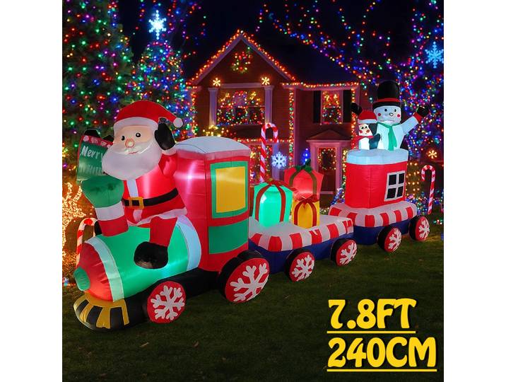 Train gonflable du père noël, 7.8 pieds, décoration de vacances en plein air, décor de noël, ornements de fête dans la cour, lumières, jouets pour la maison, accessoire