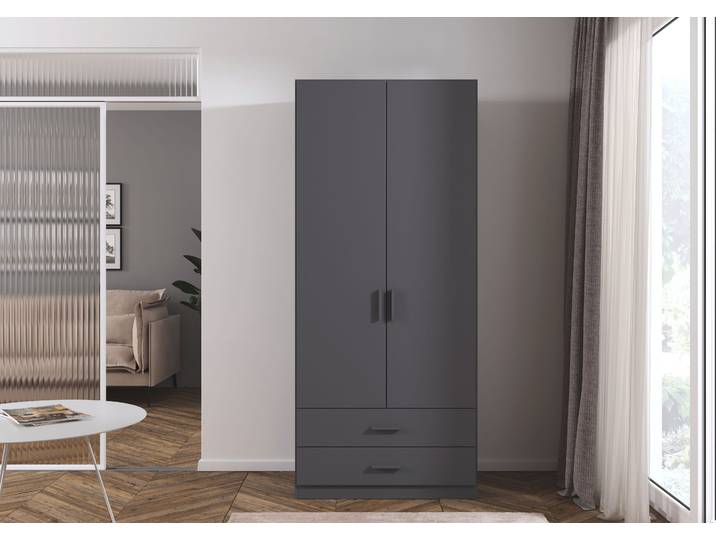 Drehtürenschrank RAUCH Kleiderschrank Garderobe GAMMA Breite 91 cm , grau (graumetallic, griffstangen graumetallic), B:91cm H:210cm T:54cm, Holzwerkstoff, Schränke, Drehtürenschrank, mit Schubladen, verschiedene Griff-Varianten TOPSELLER MADE IN GERMANY