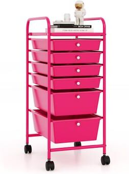 Costway Multifunctional 6 Drawers Rolling Storage Cart Organizer-Rose Red