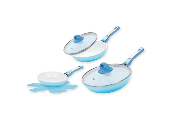 Genius Cerafit Revolution Keramik-Pfannenset 7-teilig, 20 cm + 24 cm + 28 cm, Antihaftbeschichtung, ThermoSpeed-Induktions-Technologie, Vlies Einler inklusive, blau