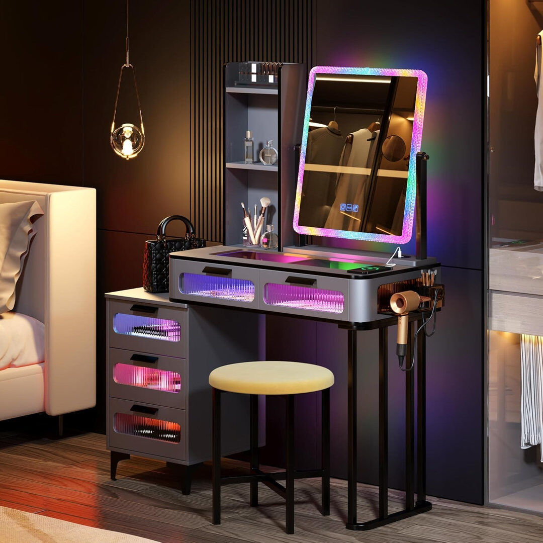 Brayden Studio Dressing Table with Human Sensor RGB Lights, Tempered Glass Top, and Quick-Charging Station Grey/Black 135cm H X 80cm W X 40cm D