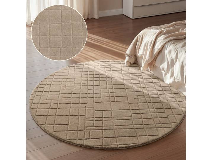 Wollteppich VILLEROY & BOCH Kenso , beige (braun), H:15mm Ø:200cm, Wolle, Teppiche, Wollteppich, Wolle, Kariert, Natur, Handgemacht, Wohnzimmer, Schlafzimmer, Hygge