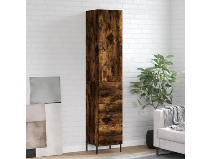 RJPLMFV Anrichte hoch, rauchfarbene Eiche, 34,5 x 34 x 180 cm, Holz Füße aus Metall, Aufbewahrungsschrank für Wohnzimmer, Wandbefestigung inklusive