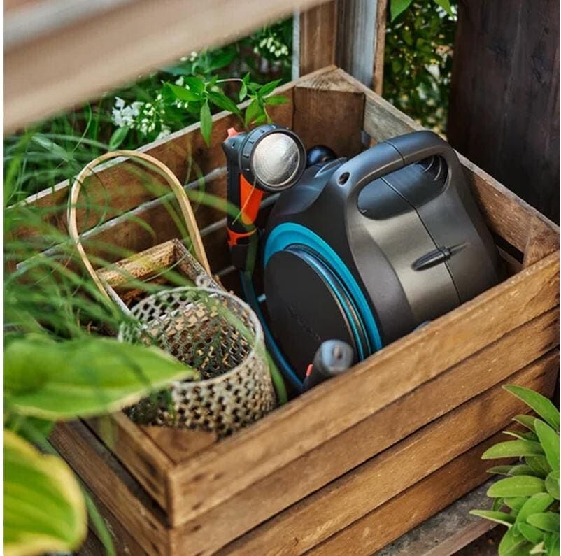 Schlauchbox GARDENA "Move, 12m Schlauch", grau (schwarz, türkis), B:31,6cm H:36,3cm T:18,6cm, Schlauchtrommeln, Schlauchbox, Schlauchaufbewahrung schwarz, türkis 12m