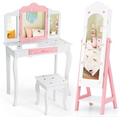 Costway 2 Pieces Kids Vanity Set and Jewelry Armoire Cabinet with Full-length Mirror-White