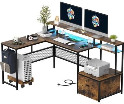 No L Shaped Home Office Desk with Power Outlet and Led