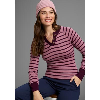 Langarmshirt KANGAROOS, Damen, Gr. 40/42, lila, Rippware, Obermaterial: 100% Baumwolle, gestreift, figurbetont hüftbedeckend, Rundhals, Rippbündchen kontrastfarben, Shirts Langarmshirt, mit Rundhals, hüftbedeckende Länge, figurbetonte Passform