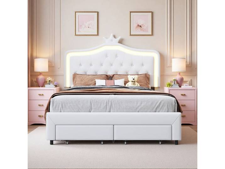 Lit double 140x190 cm - LUMINARIX - Lit princesse - LED intégrée - 2 tiroirs - Blanc