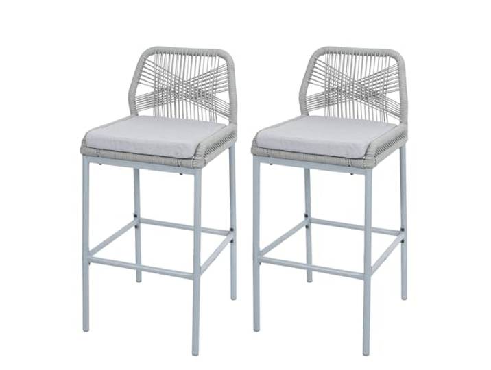 Mendler 2er-Set Barhocker HWC-O21 Metall - hellgrau, Kissen hellgrau Outdoor, Sitzpolster, Rope-Barhocker, Seilgeflecht