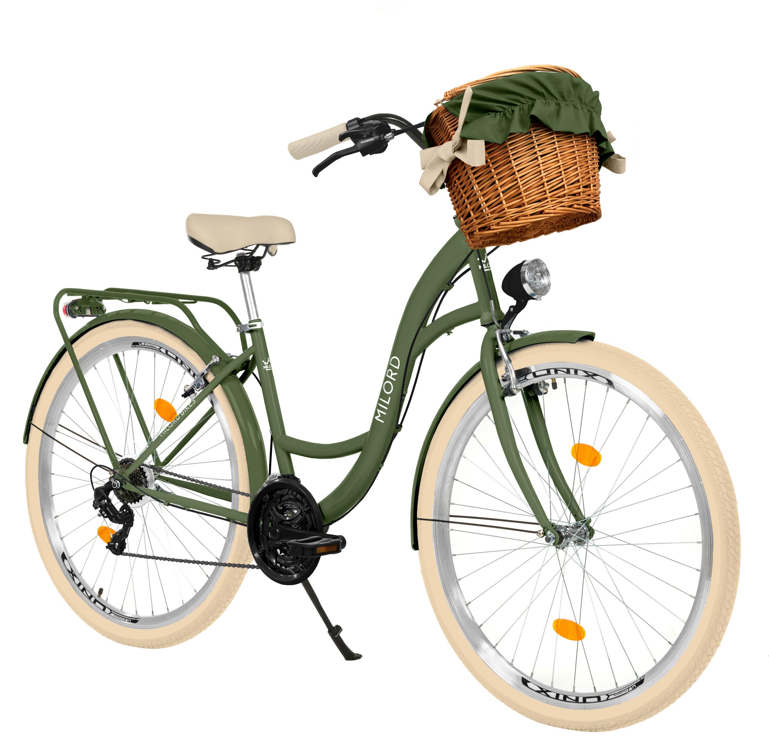 MILORD Damenfahrrad Citybike Komfort Mit Weidenkorb Hollandrad Fahrrad, 26 Zoll, 21-Gang, Khaki-Creme