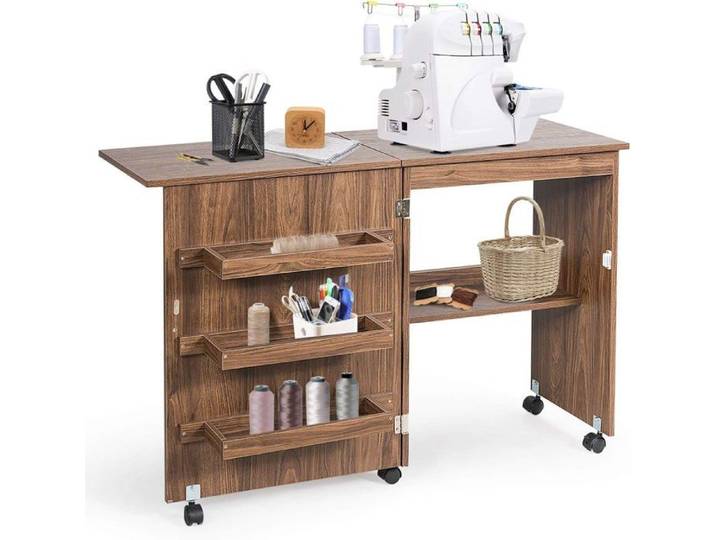 RELAX4LIFE Table Pliable pour Machine à Coudre - 4 Etagères de Rangement Armoire à Machine à Coudre - Roulettes avec Freins Brun