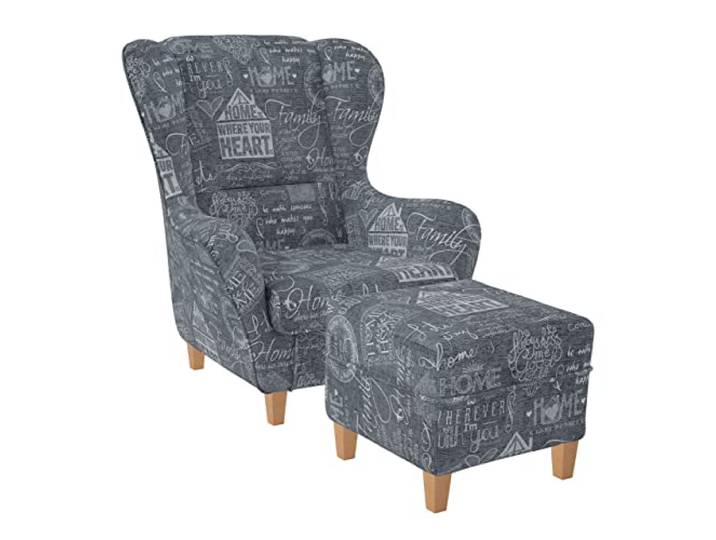 Supellex Sofia Ohrensessel mit Hocker Design Helsinki Grau Ohrensessel inkl. Hocker im grauen Home-Design mit Spruchbändern. Handgefertigt mit Wellenunterfederung.