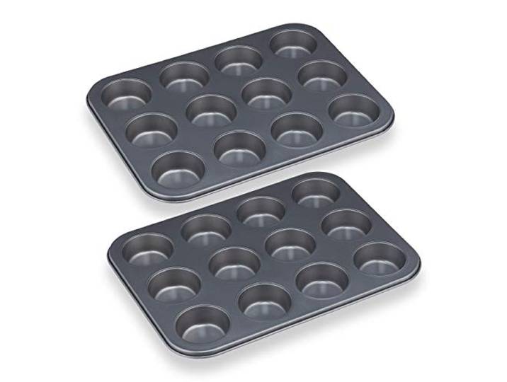 Relaxdays Moule muffin\, lot de 4\, plaques de 12\, revêtement antiadhésif\, acier au carbone\, cupcakes\, Ø 6\,5 cm\, gris