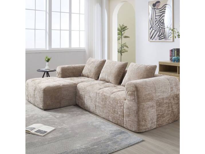Canape D Angle 3 Places Chenille Kaki Sofa Modulable FloraGrace Pour Salon Sans Installation 250x158x60cm