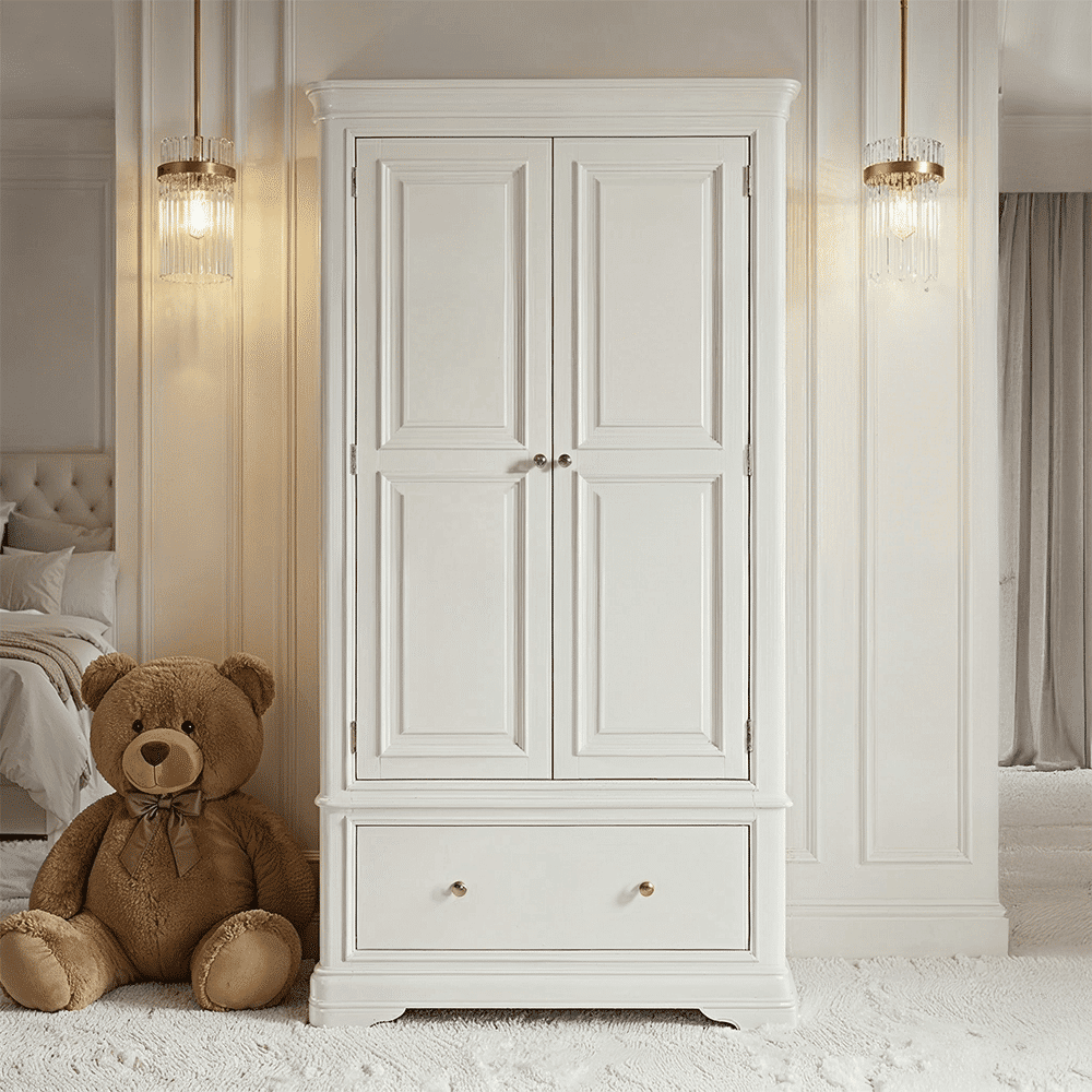 Louvre White Wooden 2 Door 1 Drawer Wardrobe