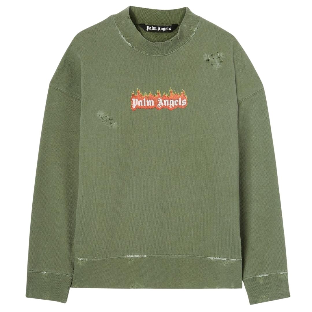 Palm Angels - Burning Logo - Rundhalspullover In Militärgrün
