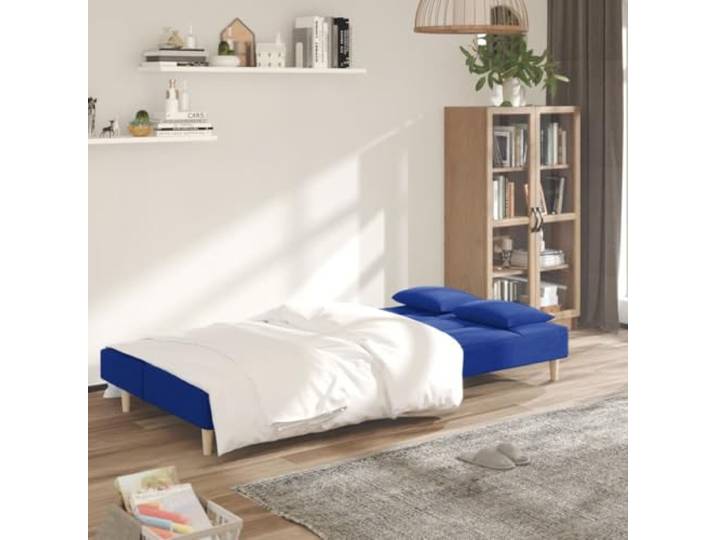 KTHLBRH Schlafsofa für 2-Sitzer, blau, mit 2 Kissen Stoff 100 % Polyester, Struktur aus Holz, umwandelbar, 110 kg pro Sitzplatz