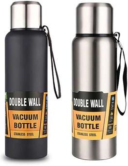 Uplifted Finds 500 1000 1500ml Large Capacity Stainless Steel Thermos Vacuum Flask Portable Insulated Tumbler With Carry Rope black 1500ml