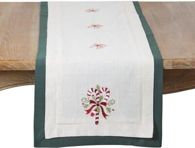 Saro Candy Cane Embroidered Holiday Linen Blend Table Runner - Festive Dining, Entertaining, Holiday Decor, & Winter Tablescapes