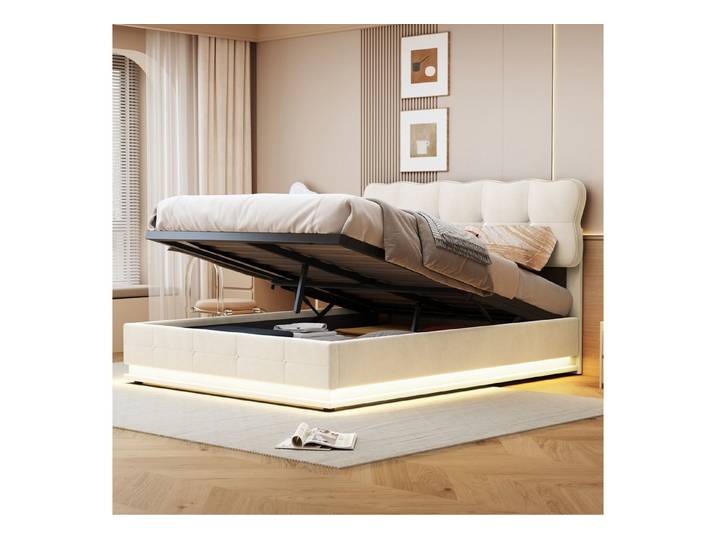 Simurq Polsterbett Doppelbett 140x200 cm,Boxspringbett,Polsterbett,Stauraumbett,Beige (Boxspringbett 140x200,Bettgestell,Hydraulisch Stauraumbett 140×200cm), 140x200 cm Lattenrost,hydraulischem Stauraum,Samt