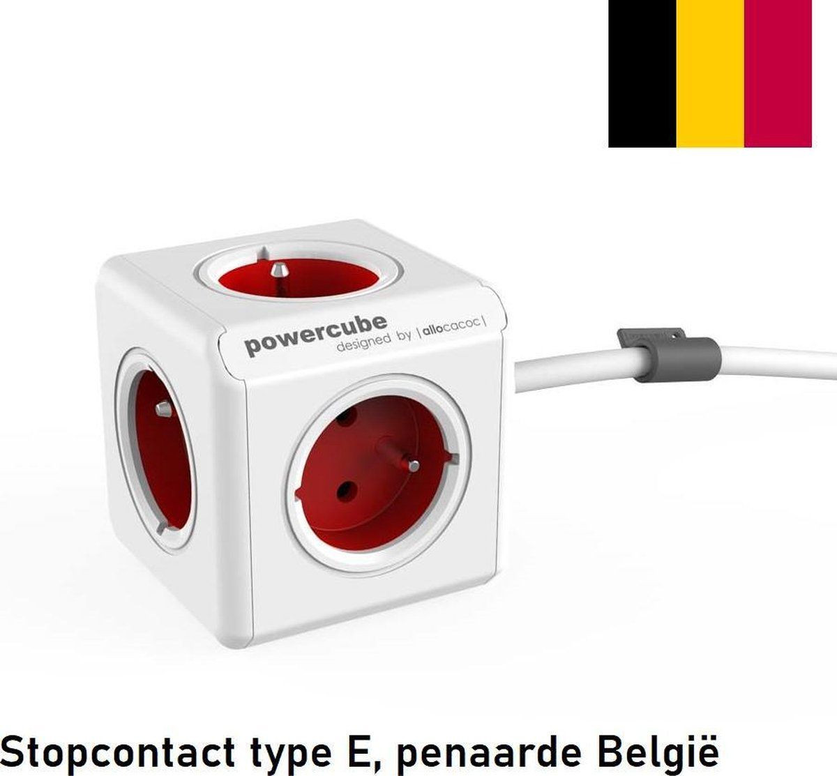 Designnest Allocacoc PowerCube Extended met 3m kabel, 5 AC-uitgangen, Rood