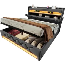 OKWISH Luxus Polsterbett mit LED-Beleuchtung, Stauraum, USB-Ladefunktion, komfortable Matratze, modernes Design 140x200 Grau