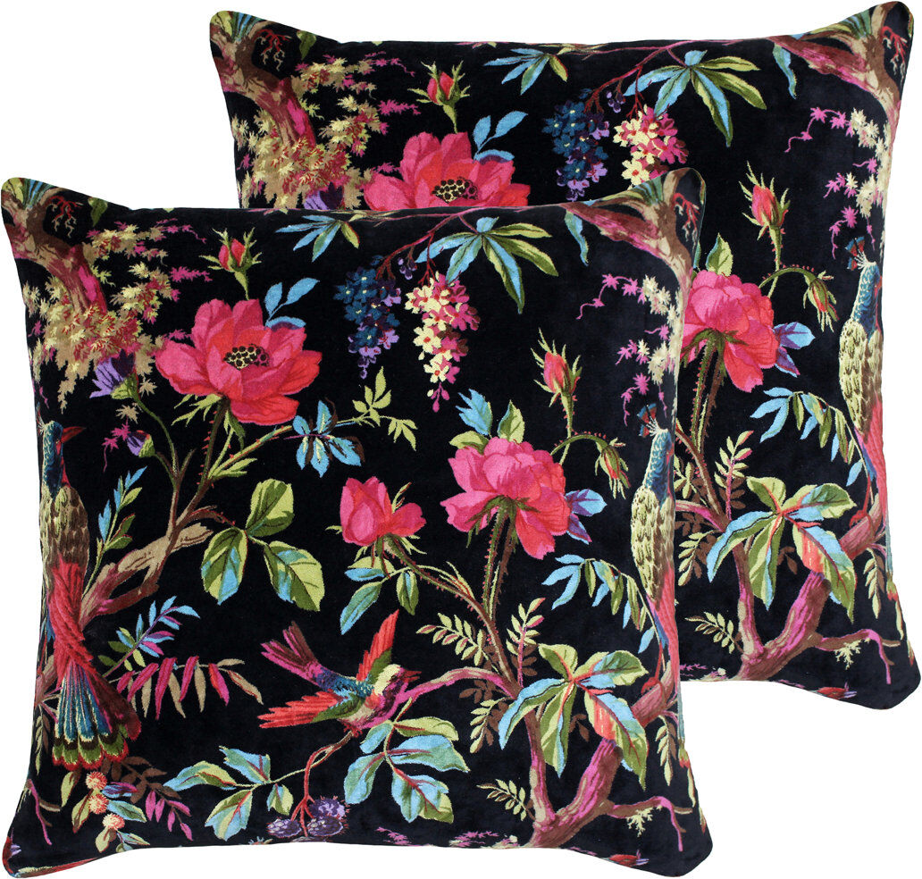 Paoletti Floral Cotton Velvet Filled Cushion Twin Pack Black