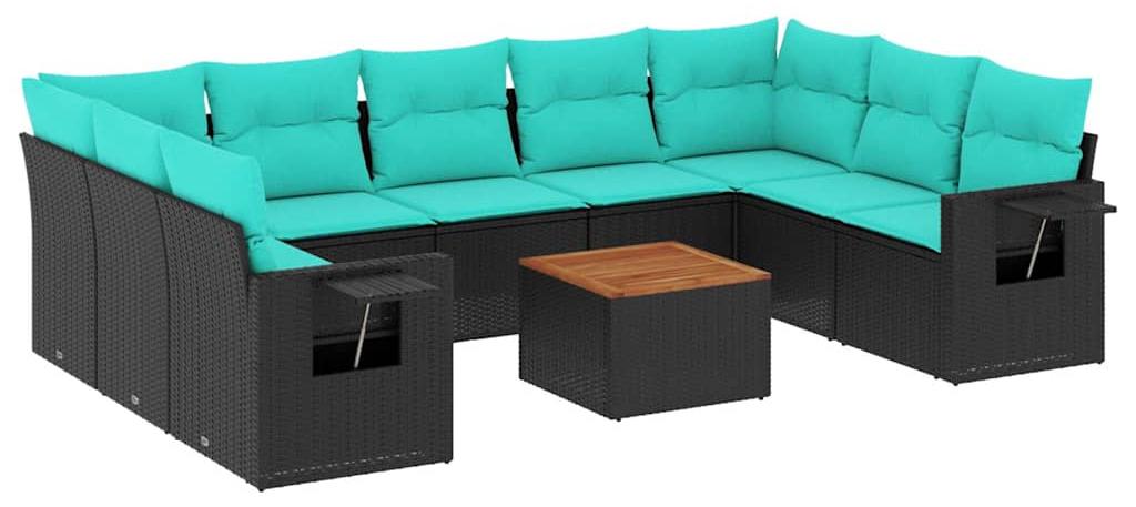 vidaXL 10-teiliges Gartensofa-Set mit Kissen, schwarzes Polyrattan