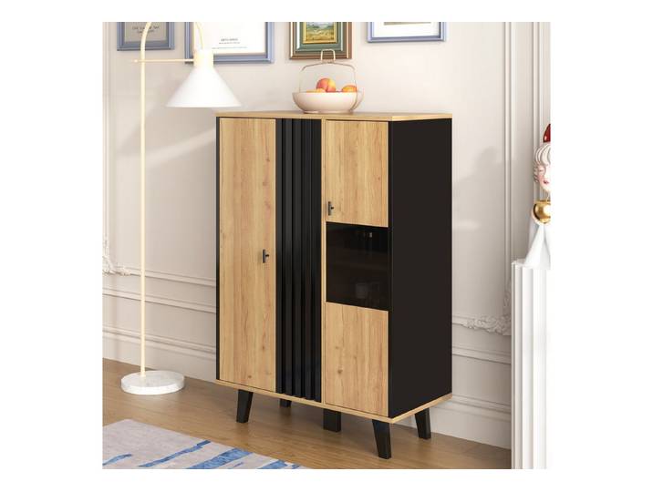 OKWISH Highboard Vitrine mit LED-Beleuchtung & Glastüren in Holz/Schwarz (Packung, 80x120x40 cm, mit 8 übersichtlichen Präsentationsfächern), Für die ansprechende Inszenierung Ihrer Sammlerstücke