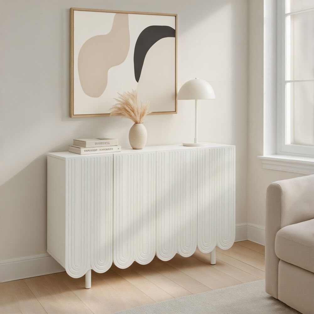 Urban Meuble Console blanche design ondulé 3 portes Blanc 120x81x38cm