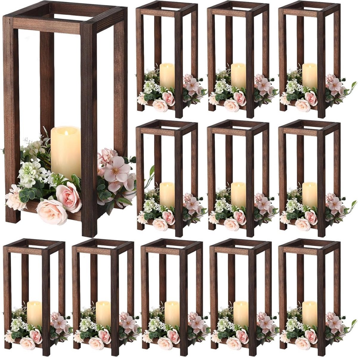 Set van 12 rustieke houten lantaarns voor decoratieve tafeldecoratie, houtkleur