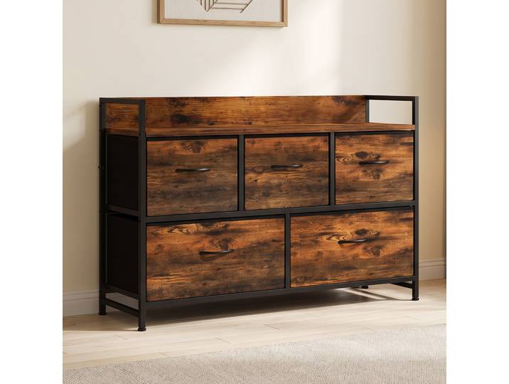 HOMCOM Commode 5 Tiroirs Tissu Cadre Acier 98x29x63cm Brun Rustique