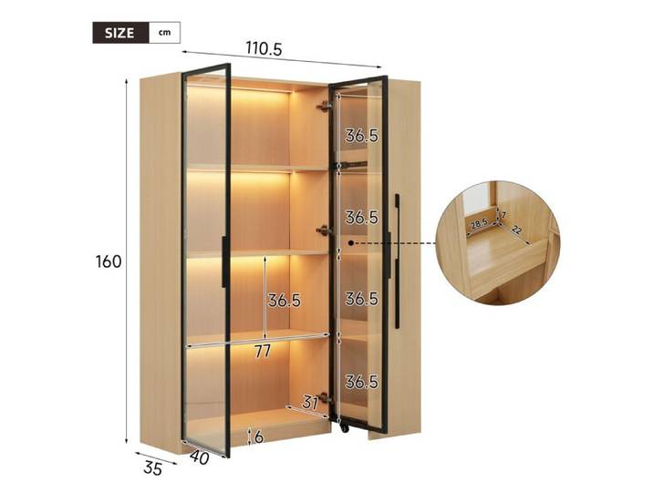 Meuble vitrine avec LED et rangement lateral coulissant 110 5x35x160 cm porte en verre MDF decor chene ORVRYN