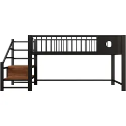 MODFU Niedriges Hochbett MDF und Metall Schwarz 241,5x95x85 cm mit Stauraumleiter
