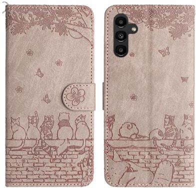 Inspired Deals Cute Cat Embossed Wallet Phone Case For Samsung Galaxy With Card Holder And Lanyard For Samsung Galaxy A15 5G grey