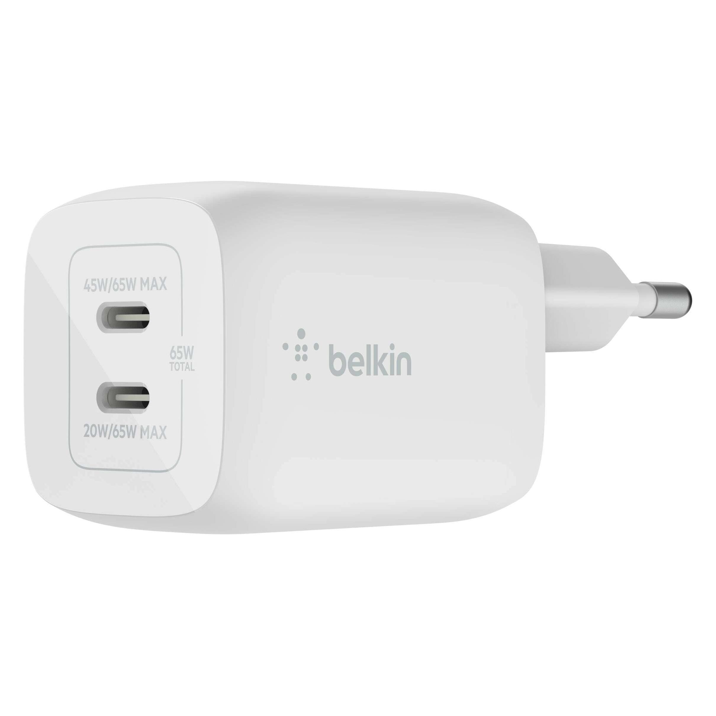 Belkin Dual USB-C GaN Ladegerät mit Power Deliver und PPS Technologie inkl. 2 Meter USB-C Kabel (65 W, 2 Ports) (WCH013VF2MWH-B6)