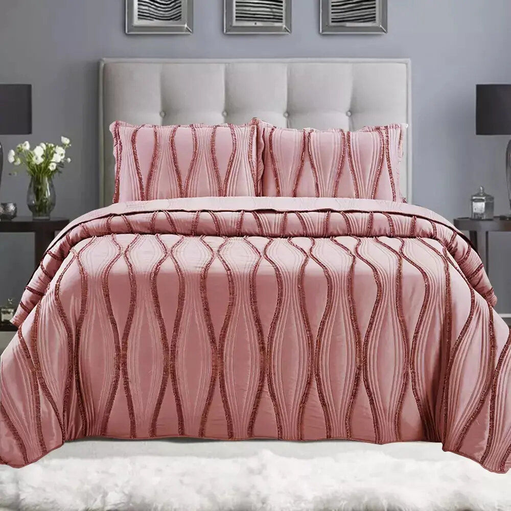 Quality & Style 3 Piece Quilted Bedspread Reversible Comforter Bedding Set Bed Throw Pink Floral Kingsize Bedspread + 2 Standard Shams