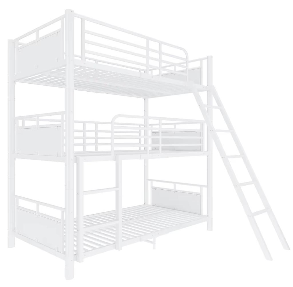 Kinder-Etagenbett - 90 x 200 cm - 3 Schlafebenen - Robuster Metallrahmen - Platzsparend - 2 Leitern - Stauraum - Weiß