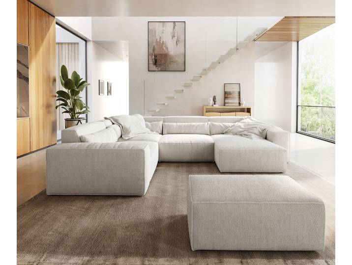 Wohnlandschaft Sirpio 300x210 cm Bouclé Creme-Weiß Recamiere variabel mit Hocker, Wohnlandschaften