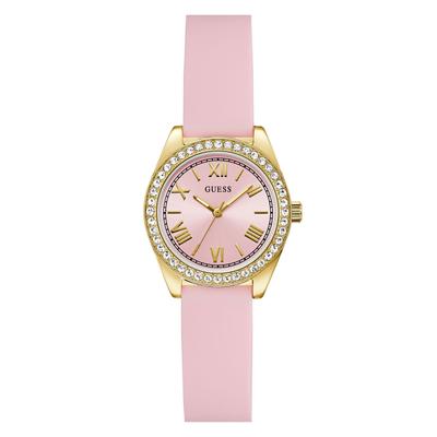 Quarzuhr GUESS "GUESS-MINI LUNA GLITZ", rosa, Armbanduhren, Damen, Quarzuhr, Armbanduhr, Damenuhr, Silikonarmband, analog