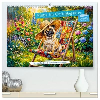 Mops im Cottagegarten - Blumen, Patchwork und Wohlfühlmomente (hochwertiger Premium Wandkalender 2027 DIN A2 quer), Kunstdruck in Hochglanz