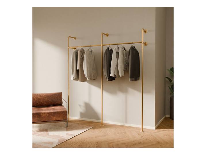 pamo. design Kleiderständer KIM Kleiderstange Wandmontage, offener Kleiderschrank, Kleiderständer, Goldener Garderobenständer im Industrial Design für Kleidung