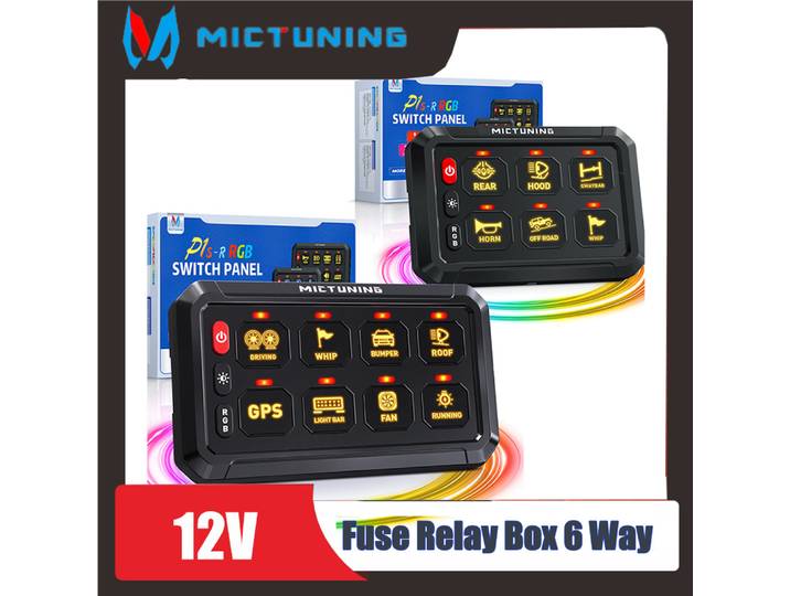 Panneau de commutation MICTUNING 6/8 voies, P1s-R, couleurs RGB, luminosité réglable, système de relais à interrupteur marche/arrêt, universel pour voiture