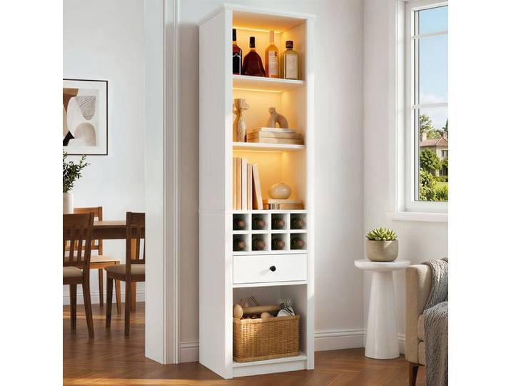 Armoire vitrine de 200 cm avec éclairage LED Armoire avec 1 tiroir avec 12 compartiments Blanc Armoire haute