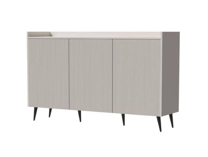BEAUTY SOFA Kommode AMFALI 150 cm Sideboard mit 3 Türen, geriffelte MDF-Fronten, Push-to-Open, Schwarze Metallbeine, Anrichte Wohnzimmerschrank, Cashmere