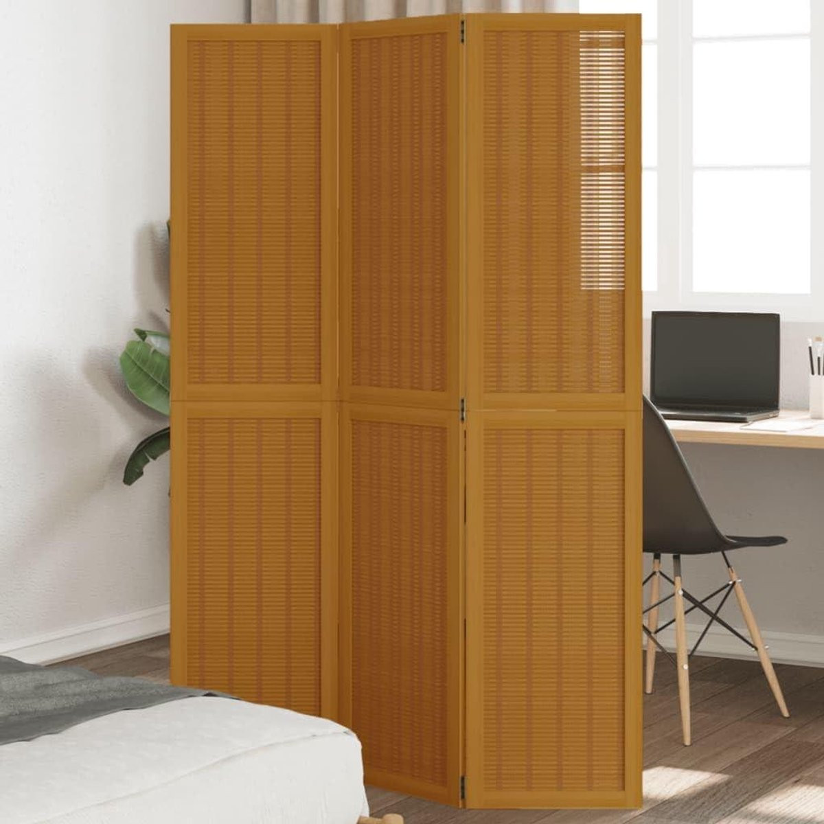 Room Divider Privacy Scherm met 3 Panelen en Massief Houten Frame in Bruin
