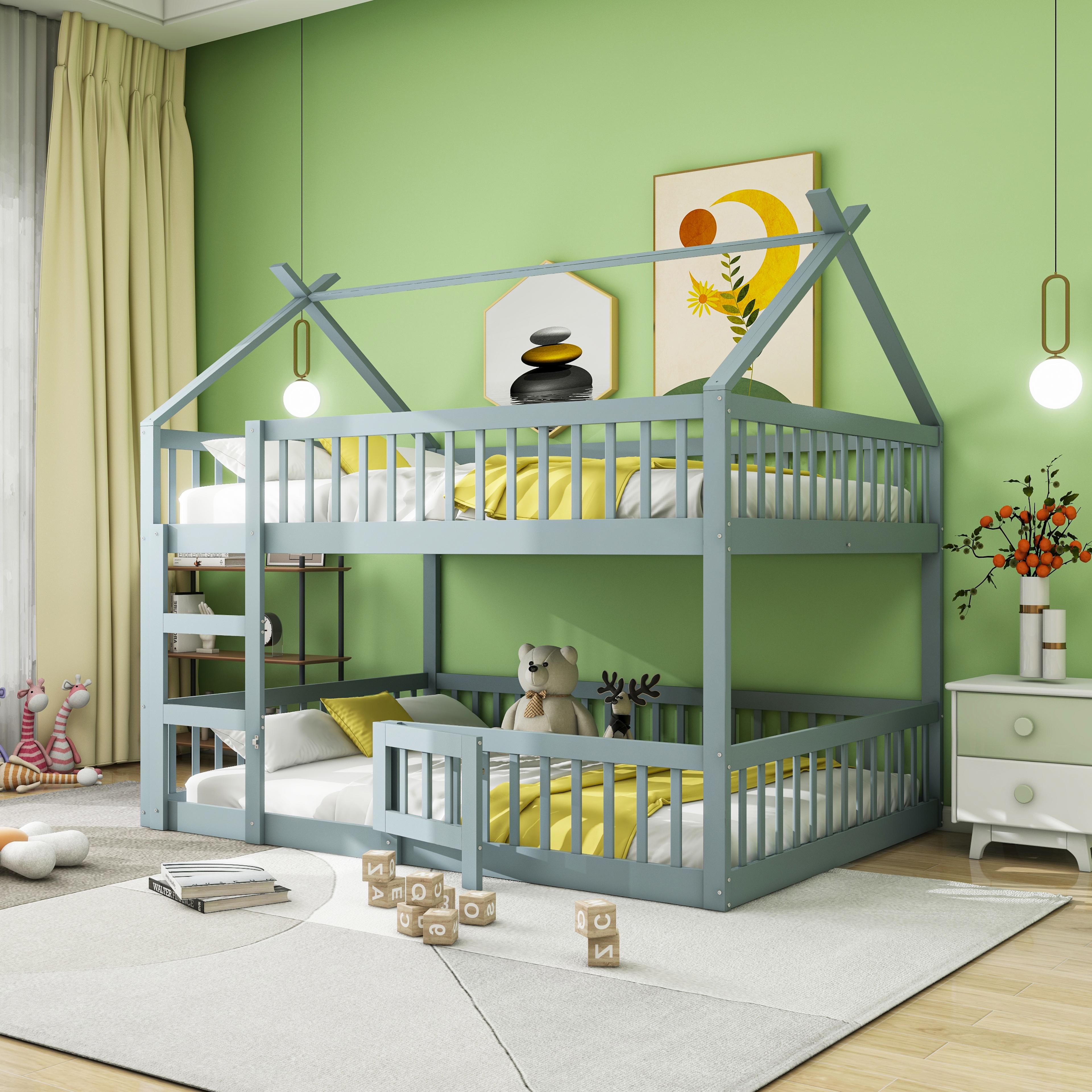 Kinderetagenbett 140 x 200 cm, Familienbett für Kinder, Etagenbett mit Treppe, Hochbett-Design, Massivholz-Etagenbettgestell, grau