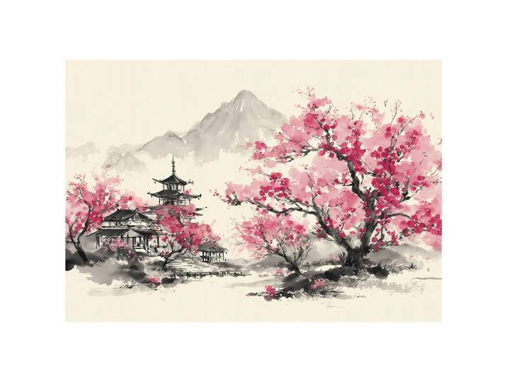 FOTOTAPETE Gebirge Kirschblüte Rosa 150x105 cm