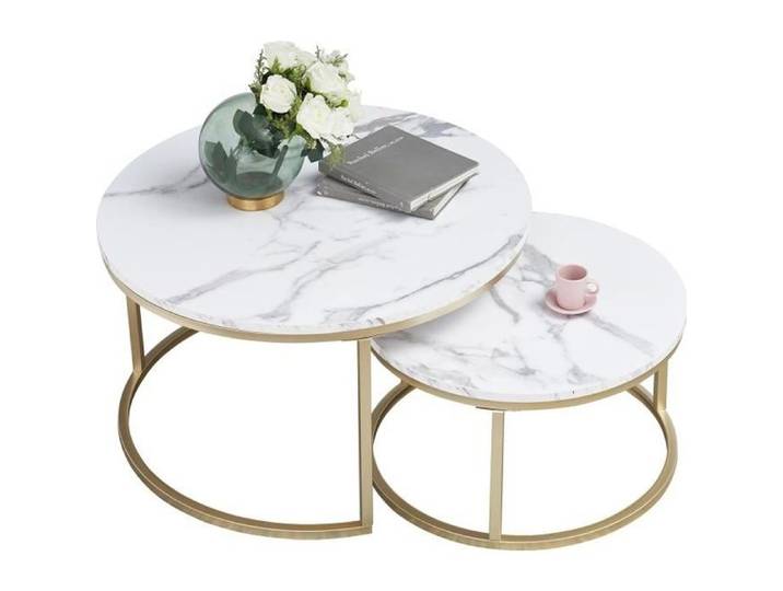 Table Basse Ronde - Bois Marbre et Pieds Métal - Table basse gigogne - D 80/60 x H 45/33 cm