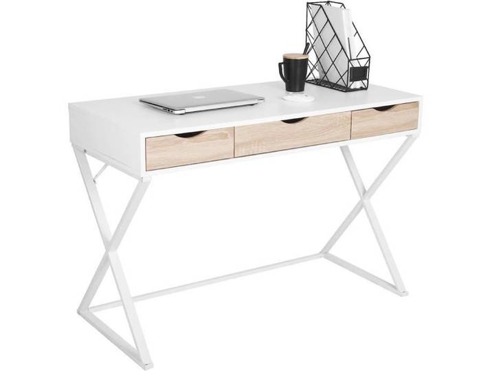 WOLTU Bureau d'ordinateur avec 3 tiroirs Table de Bureau en Métal et Bois Table de Travail 110x50x75cm Blanc